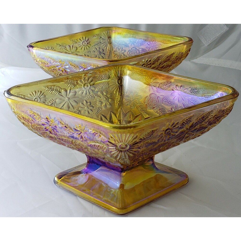 Vintage ~ Iridescent Amber Indiana Carnival Glass ~ Diamond Shaped Pedestal Dish